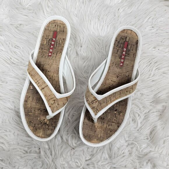 Vintage Prada Wedges 37 Cork Flip Flop Thong White - Picture 1 of 6